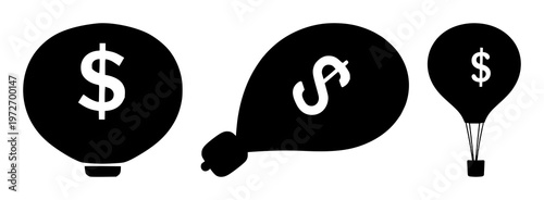 Financial inflation balloon set with solid black icon on white background featuring inflation, balloon, icon with finance and stock market
