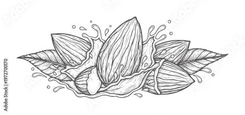 Almonds splashing in water with leaves in vintage style nuts liquid