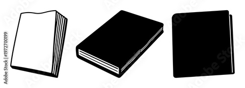 Ledger book silhouette set with solid black icon on white background featuring business ledger, silhouette, black icon with ledger book and document