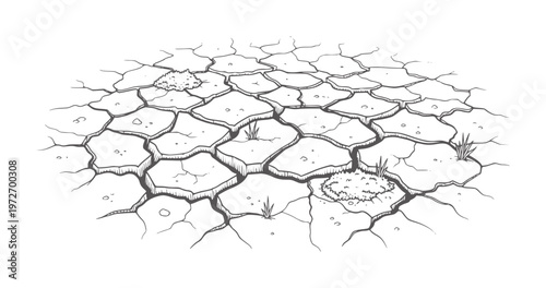 Cracked dry earth with sparse grass and small pebbles ground texture