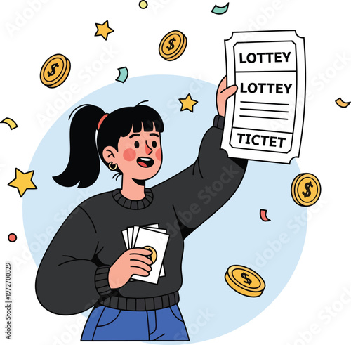 Happy woman winning lottery with lucky ticket, excited girl holding winning lottey tictet and cash, jackpot celebration with gold coins and confetti