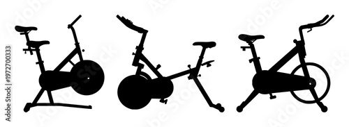 Stationary fitness bike set with solid black icon design featuring exercise, workout, cycling with sport and healthy lifestyle