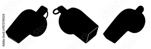 Personal trainer whistle icon set with solid black shape and clean minimalist style featuring sound, sport, coaches with equipment and accessories
