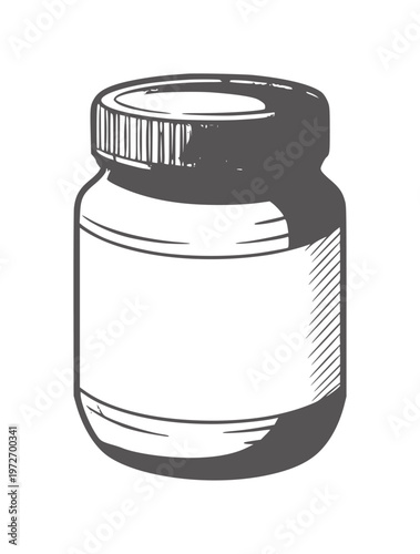 Gray jar with ribbed lid and blank label for text container bottle medicine pill