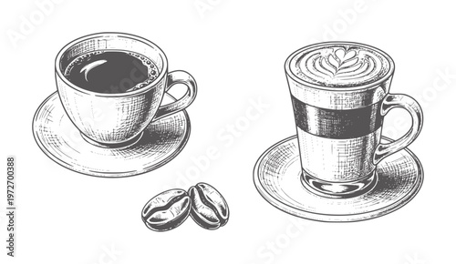 Hand drawn coffee cup latte and coffee beans drink