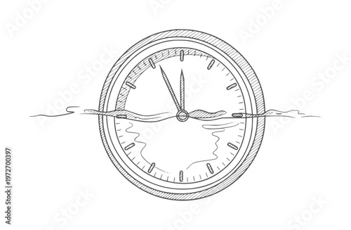 Hand drawn clock face submerged in water with wavy lines time handdrawn