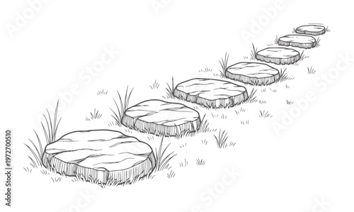 Hand drawn stepping stones path through grass garden