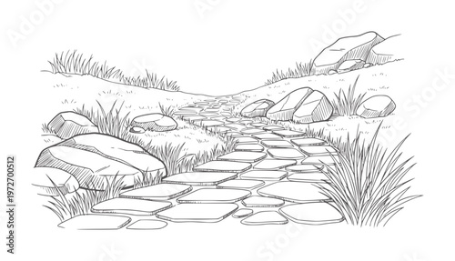 Hand drawn stone pathway winding through grass and rocks walkway garden nature