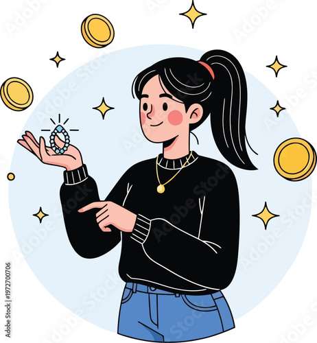 Successful young woman holding diamond ring with falling gold coins, flat vector illustration of financial wealth and luxury lifestyle