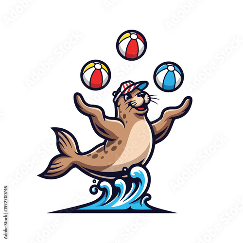Otter juggling beach balls on ocean waves