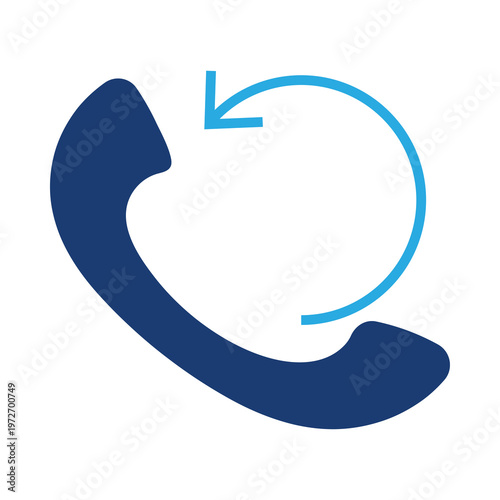 Blue phone receiver with circular arrow icon on white background telephone handset