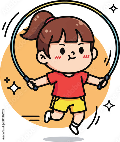 Kawaii cartoon girl jumping rope, cute child character exercising with skipping rope, active little girl in red shirt and yellow shorts vector illustration