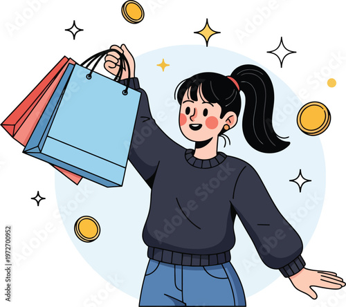 Happy young woman holding shopping bags with gold coins, flat vector illustration of retail therapy and consumerism, girl enjoying seasonal sales