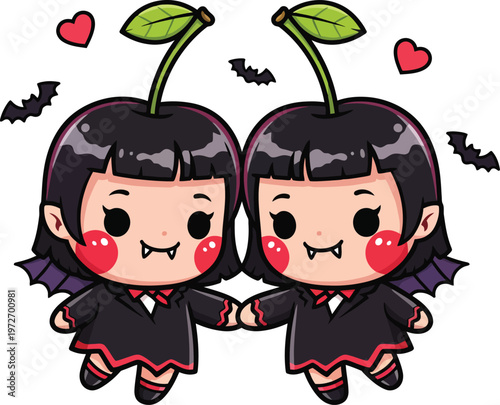 Kawaii vampire cherry twins vector, cute goth girl characters with bat wings and fangs, spooky halloween fruit mascot illustration