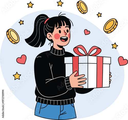 Happy young woman holding gift box with red ribbon, female character receiving present with gold coins and stars, flat vector illustration