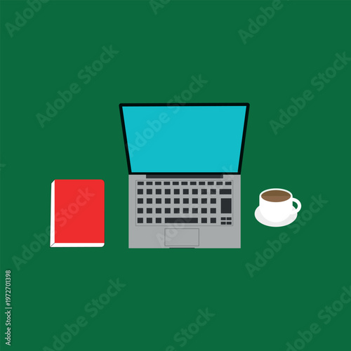 Minimal Workspace Illustration with Laptop, Book and Coffee Cup. Education and Work Concept Vector