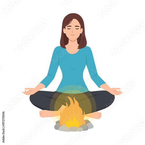 Calm woman meditating in lotus pose near campfire, mindfulness and relaxation. Flat vector illustration isolated on white background