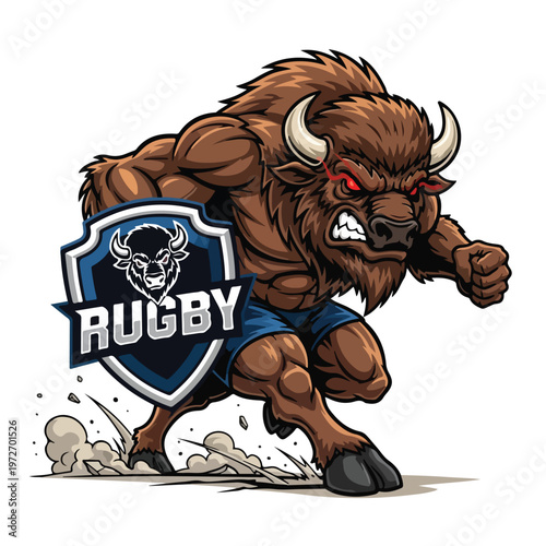 Rugby Bull Mascot Charging Shield Emblem