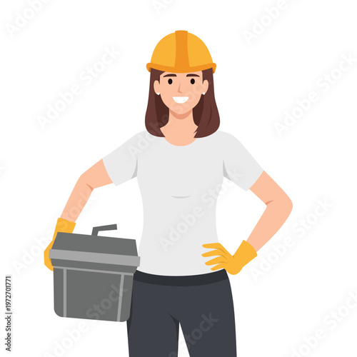 Female construction worker holding toolbox, smiling engineer in safety helmet. Flat vector illustration isolated on white background