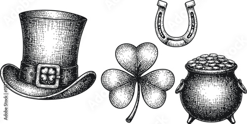 St. Patrick's Day Symbols: Top Hat Clover Horseshoe Pot of Gold Detailed Engraving Style