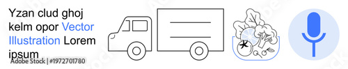 Food delivery, online shopping, grocery services, speech recognition, logistics, digital tools. A truck, vegetables and a microphone icon. Food delivery and online shopping
