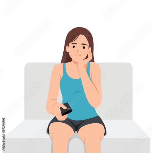 Bored woman holding TV remote sitting on sofa, unhappy watching television. Flat vector illustration isolated on white background