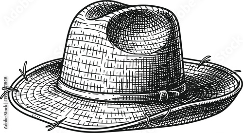 Straw Hat with Band and String Details Detailed Sketch Isolated on White Background Vintage Style