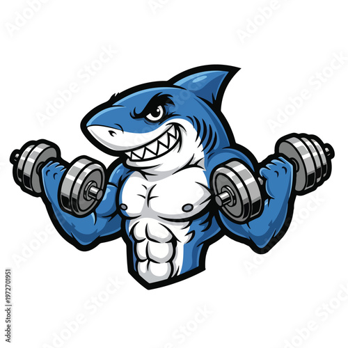 Strong Blue Shark Mascot Lifting Dumbbells for Fitness