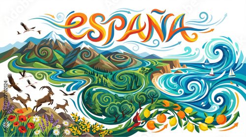 Spain Nature Landscape Vector. Mountains, Ocean and Wildlife Doodle Illustration