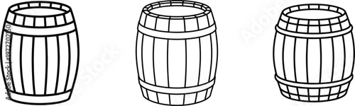 Set of three wooden barrels line art icons