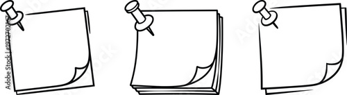 Set of three sticky notes with push pins line art icons
