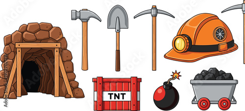 Mining tools and equipment set, pickaxe shovel helmet dynamite cart illustration, underground industry elements isolated, construction excavation resources for industrial work design