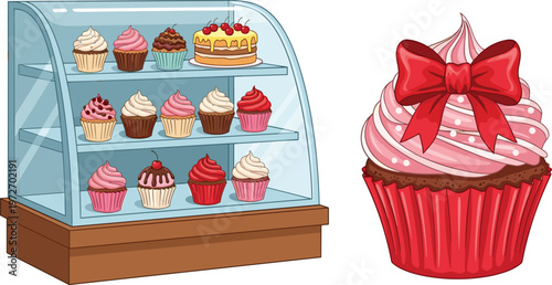  Bakery Display Showcase with Assorted Cupcakes and Decorative Cupcake with Ribbon Bow Vector Illustration for Cafe Menu Design, Pastry Shop Branding, and Dessert Promotion