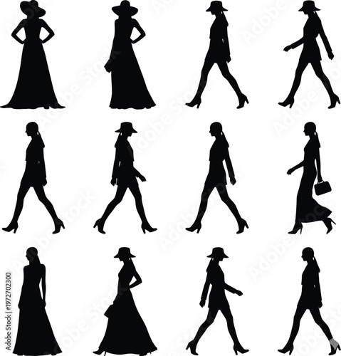Fashion Model Silhouette Set: Women Walking and Posing in Elegant Dresses and Stylish Hats