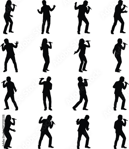 Karaoke Singer Silhouette Set: People Singing and Dancing with Handheld Microphones