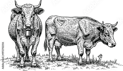 Two Cows Grazing in a Field Detailed Sketch Agricultural Livestock Farm Animals Vintage Illustration Style