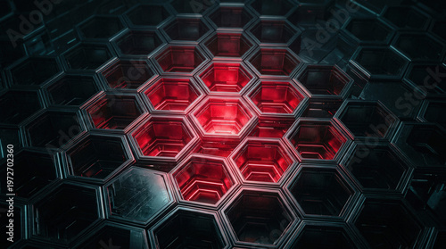 Futuristic Abstract Technology Photo Featuring Hexagonal Pattern and Red Glowing Lights