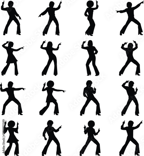 Retro Disco Dancer Silhouette Set: People Dancing in 1970s Style Bell-Bottoms and Afros