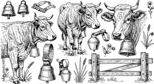 Vintage Engraving Swiss Cows with Bells and Fence Farm Animals Collection Detailed Rural Illustration