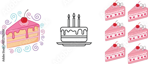  Colorful Assorted Cake Slice Vector Icon Collection Featuring Chocolate, Strawberry, Lemon, Blueberry, and Cream Desserts for Bakery Menu, Cafe Branding, Celebration, 