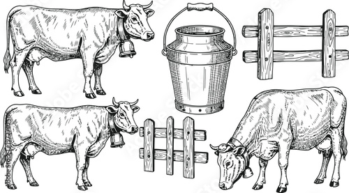 Vintage Farm Animals and Equipment: Detailed Livestock and Rustic Fencing in Sketch Style for Agricultural Concepts
