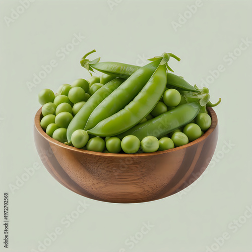 Fresh Green Peas and Pods in Wooden Bowl