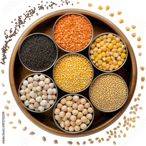 Assorted Seeds and Grains in Wooden Tray