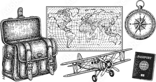 Vintage Leather Satchel Biplane Compass World Map PassportRetro Travel Essentials Collection