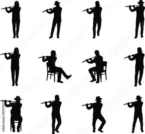 Flute Player Silhouette Set: Musicians Performing Classical and Jazz Woodwind Music
