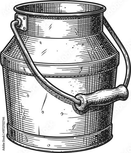 Vintage Metal Milk Can with Wooden Handle Hand-Drawn Engraving Style Rustic Farmhouse Kitchen Decor