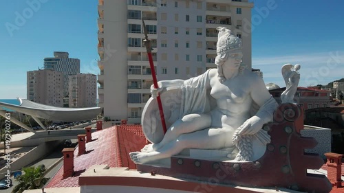 Symbolic maritime goddess sculpture on the facade of the former National Bank, Durres, Albania.