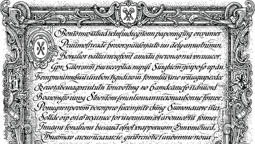 Vintage ornate document with calligraphic script and decorative border historical design element