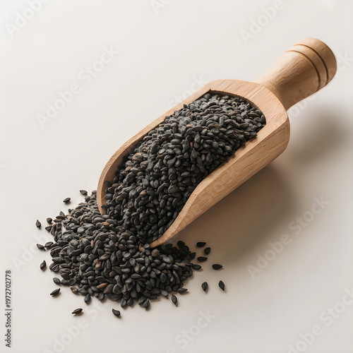 Black Sesame Seeds in Wooden Scoop
