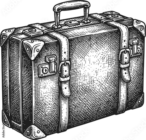 Vintage Suitcase with Leather Straps and Metal Accents Hand-Drawn Sketch Style Isolated on White Background